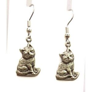 Silver Tone Cat Dangle Earrings